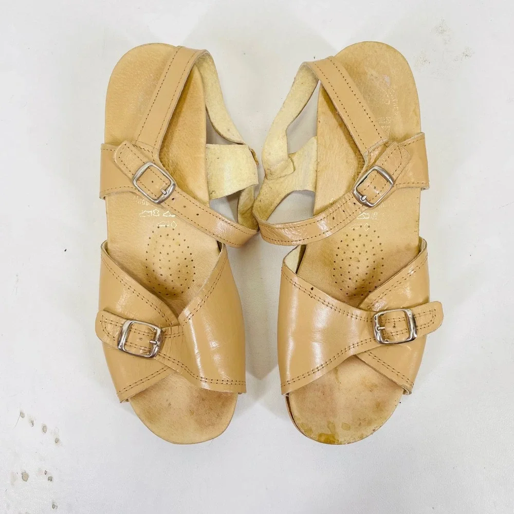 Worishofer Tan Leather Cork Wedge Buckle Sandals Made in West Germany Men 40